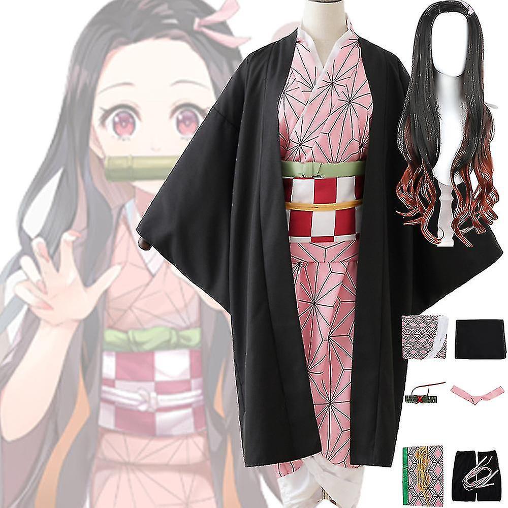 Aswei Demon Slayer Kamado Nezuko Cosplay Party Costume Outfits Halloween Party Anime Set Gifts Outfits with Wig S