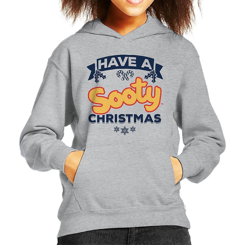 Sooty Christmas Have A Sooty Christmas Blue Banner Design Kid's Hooded Sweatshirt Heather Grey X-Small (3-4 yrs)