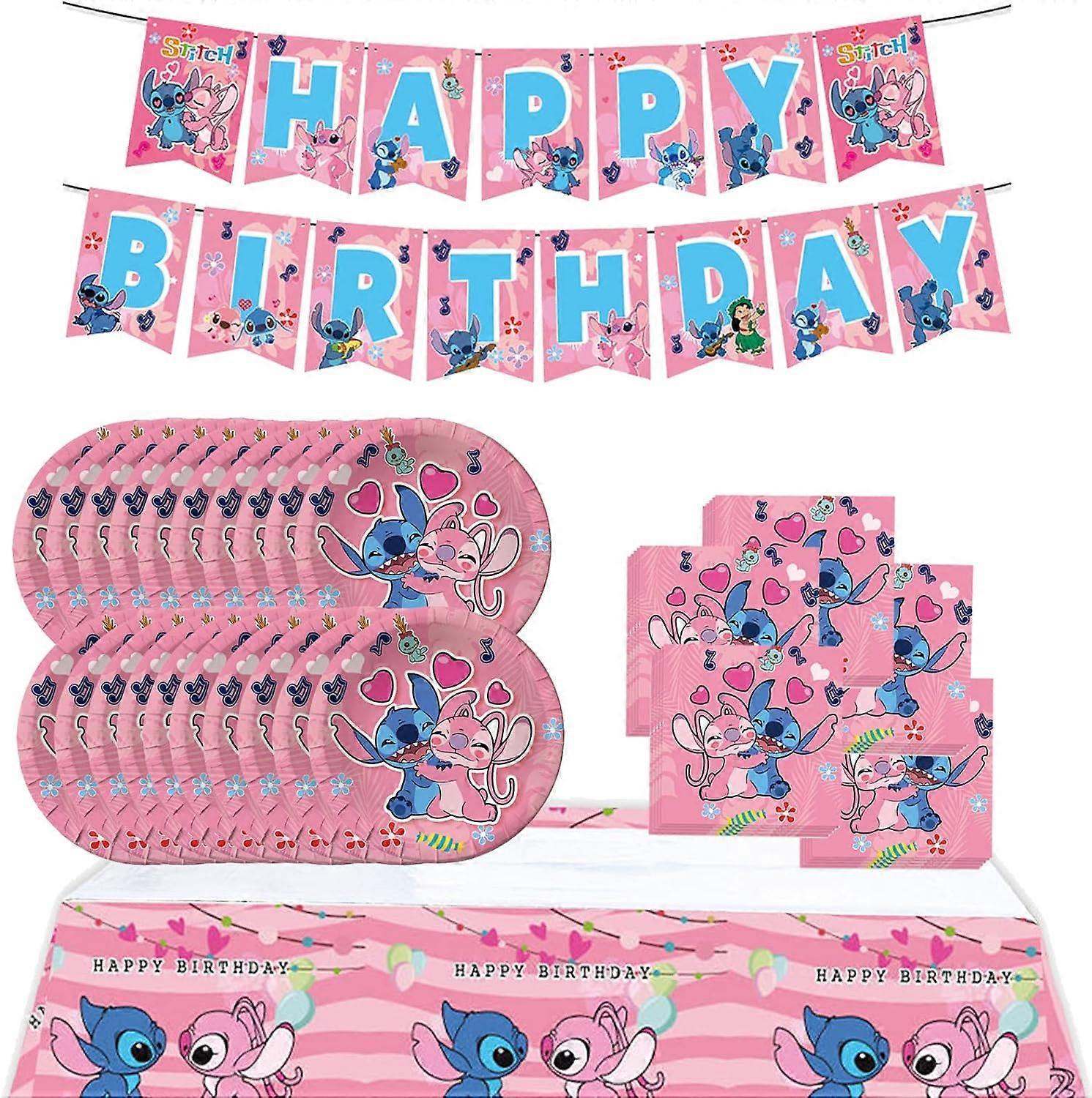 Heyone Pink Stitch Party Birthday Supplies, Cartoon Stitch Theme Party Tableware with Happy Birthday Banner, Tablecloth, 20 Disposable 7" Paper Plates