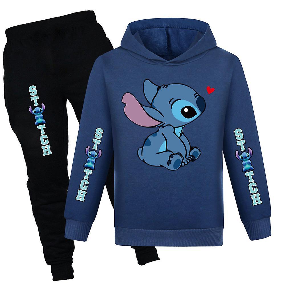 Besser Lilo & Stitch Print Kids Tracksuit Set Boys Girls Casual Hooded Sweatshirt Hoodie Jogger Pants Outfit Activewear Suit Navy Blue 11-12 Years