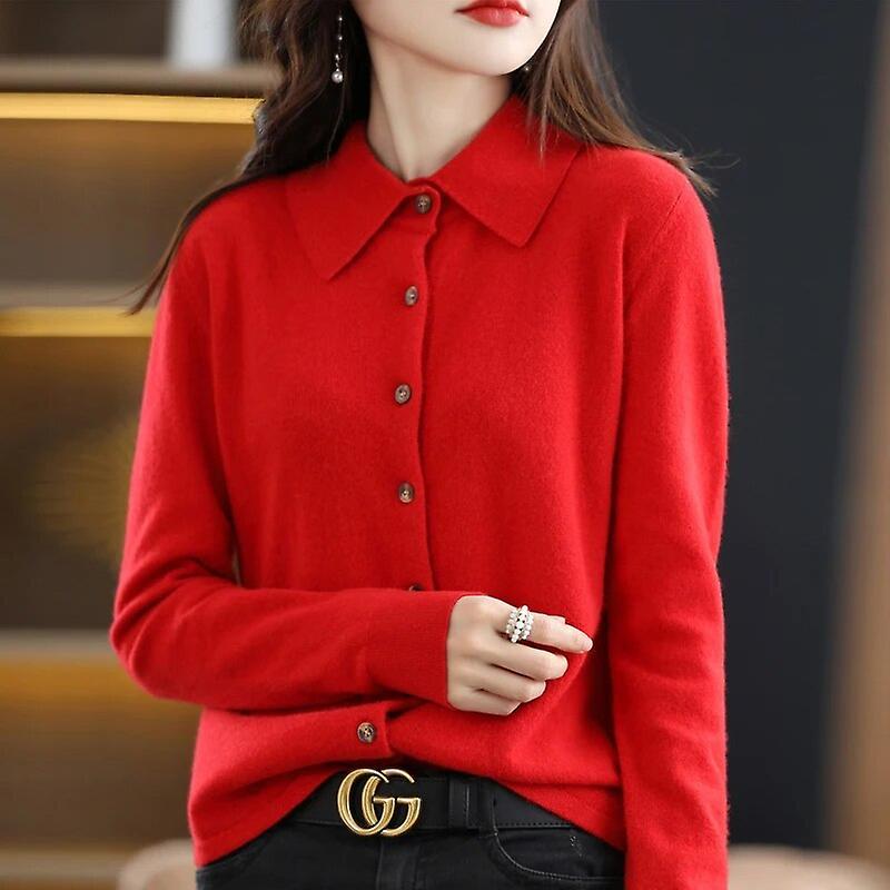 Bhtv Women's Lapel Pure Wool Cardigan Autumn And Winter New Merino Cashmere Sweater Long Sleeve Formal Knitting Top Red XXL