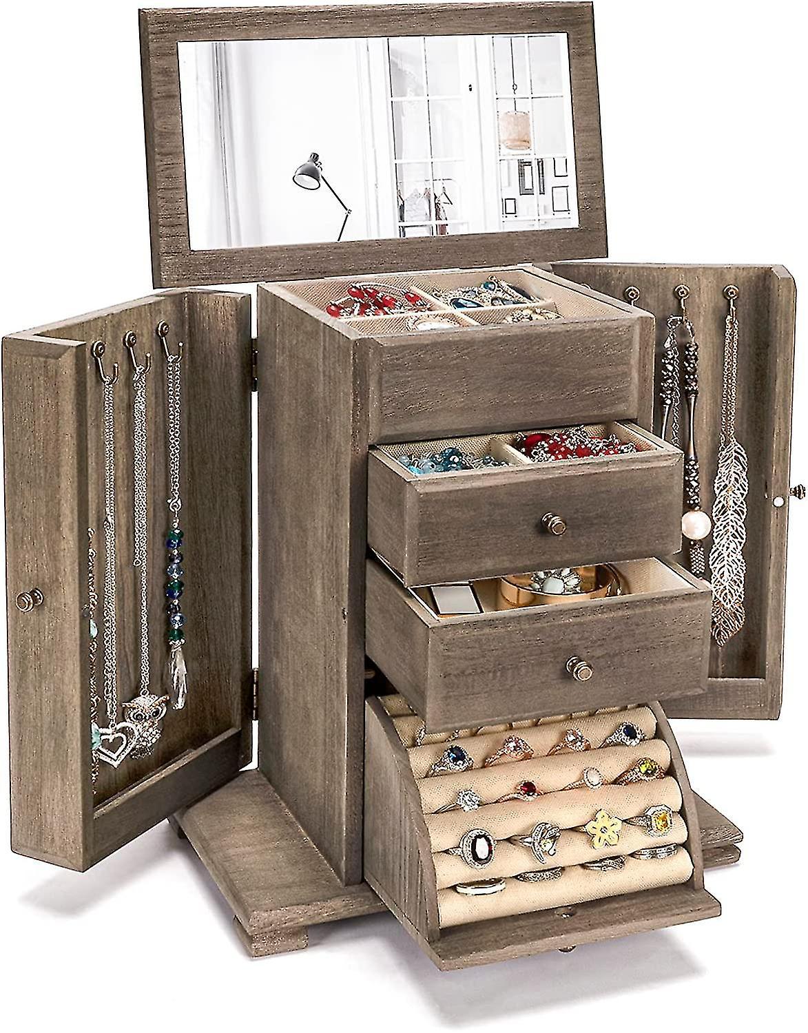 Banmo Jewellery Box For Women Girls, Rustic Wooden Large Jewelry Boxes & Organisers With Mirror, 4 Layer Jewellery Organiser Box For Rings Earrings...