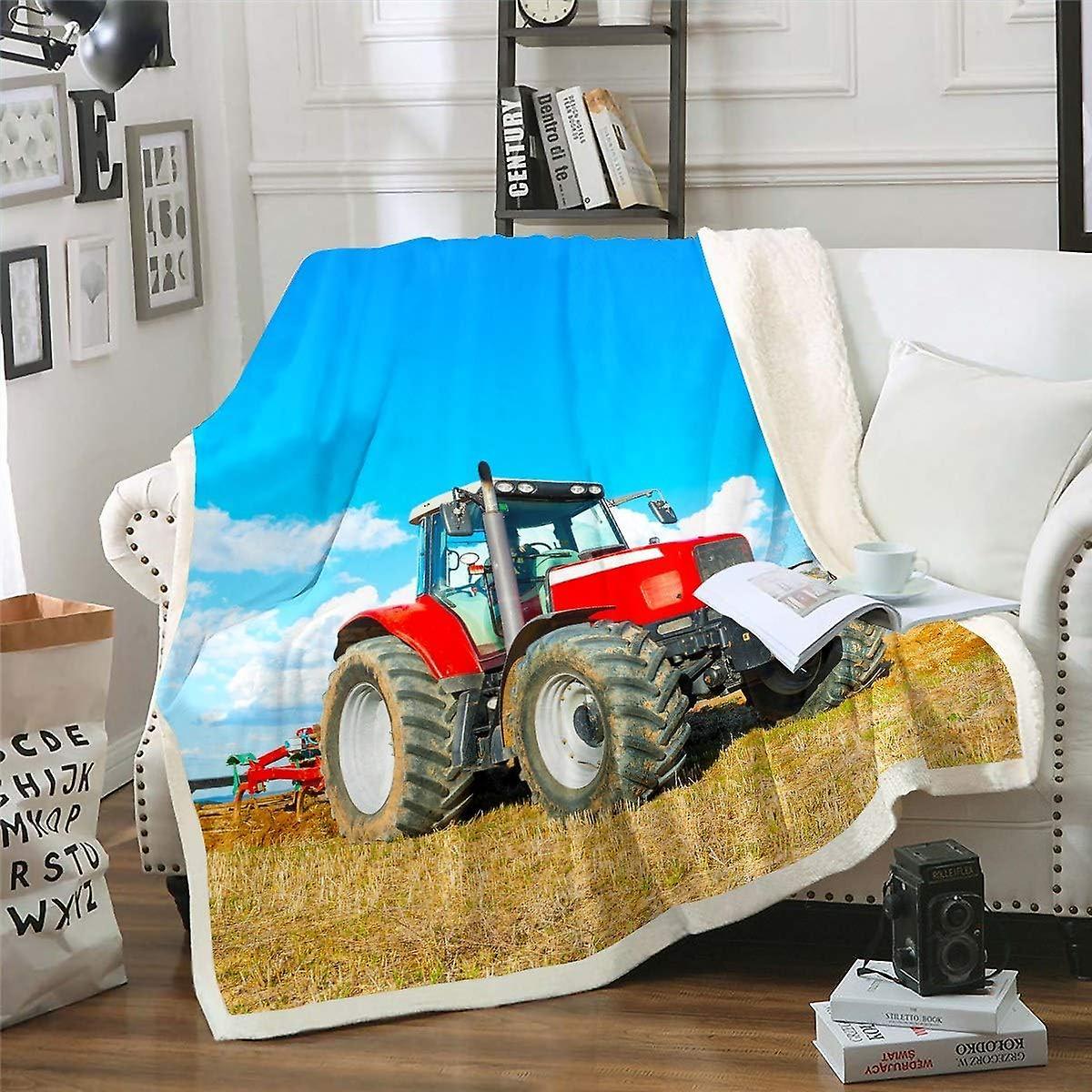 Kerota Tractor Printed Fleece Blanket, Construction Cars Pattern Sherpa Throw Blanket for Sofa Couch Red Heavy Machinery Vehicles Warm Plush Blanke...