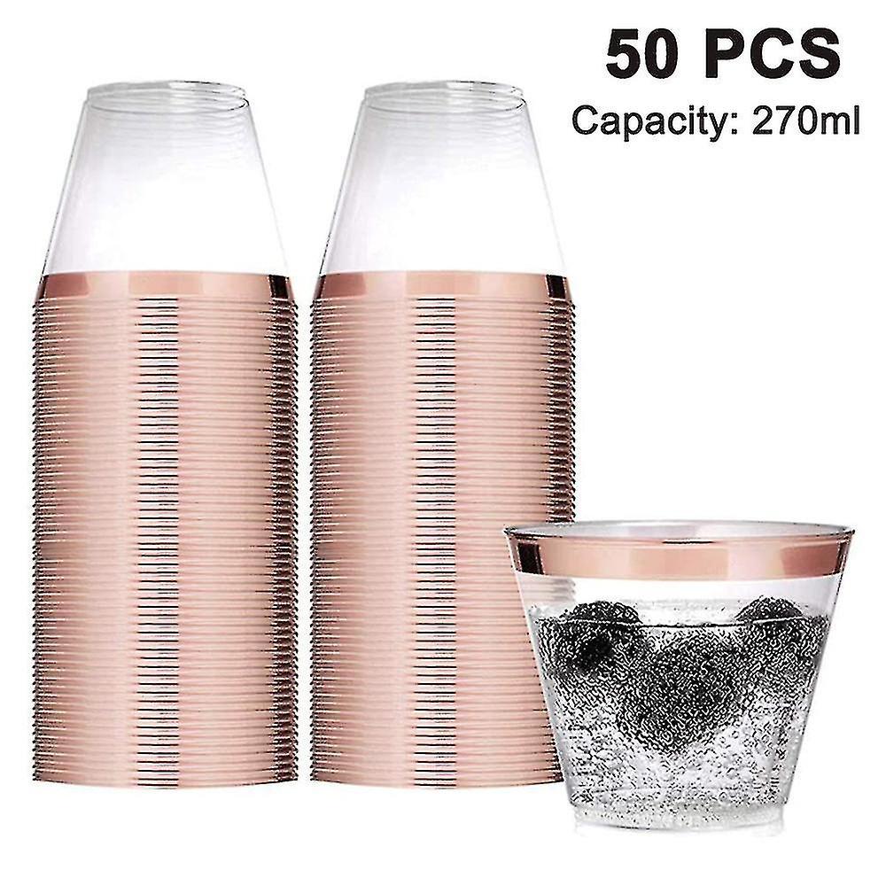 Tianzun 50 Pack-9 Oz Plastic Cocktail Glass,sturdy Rimmed Plastic Cups Rose gold Rim