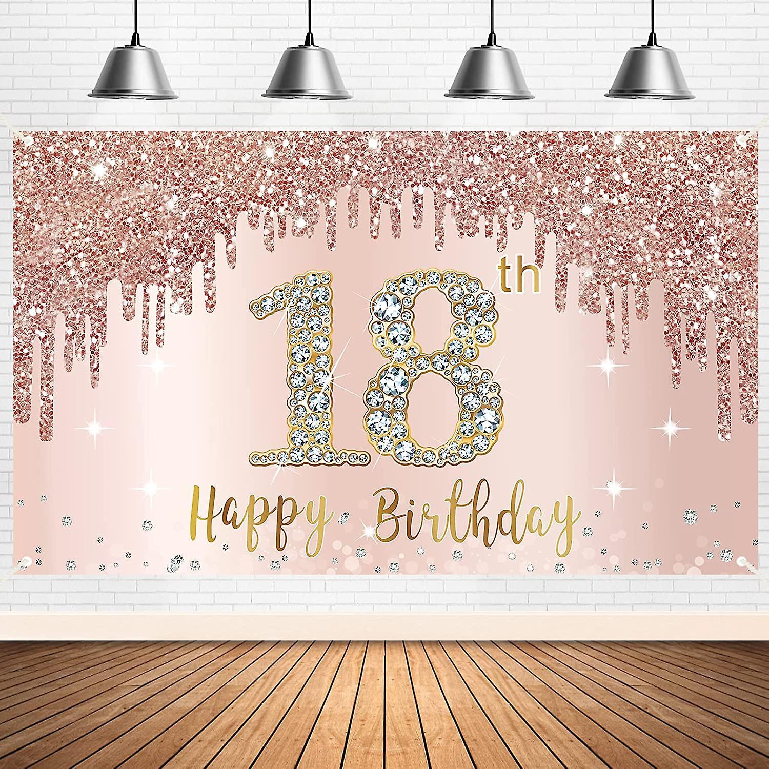 Ubiuo Happy 18th Birthday Banner Backdrop Decorations For Girls, Rose Gold 18 Birthday Party Sign Supplies, Pink 18 Year Old Birthday Poster Backgr...