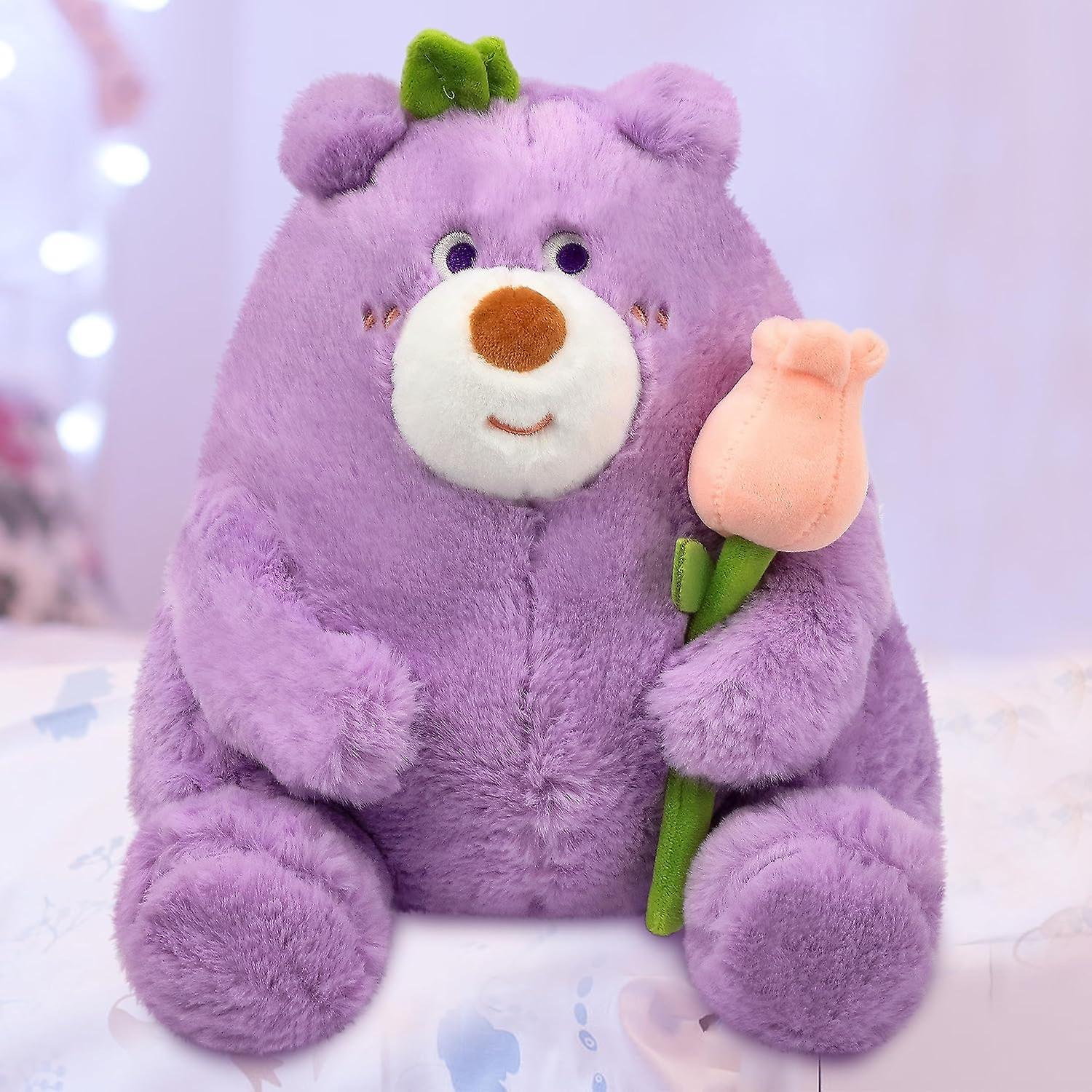 Heyone Purple Bear Stuffed Animal Pillow with Tulip Cute Soft Plush Toy Girls Boys Valentine's Day Christmas Plush Gift 9.5 Inch