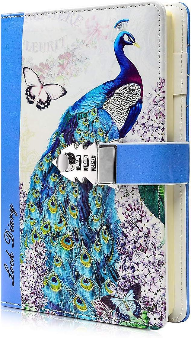 Liangnv A5 Creative Password Lock Journal Pu Leather Combination Lock Diary Digital Password Notebook Locking Journal Diary (peacock 2)