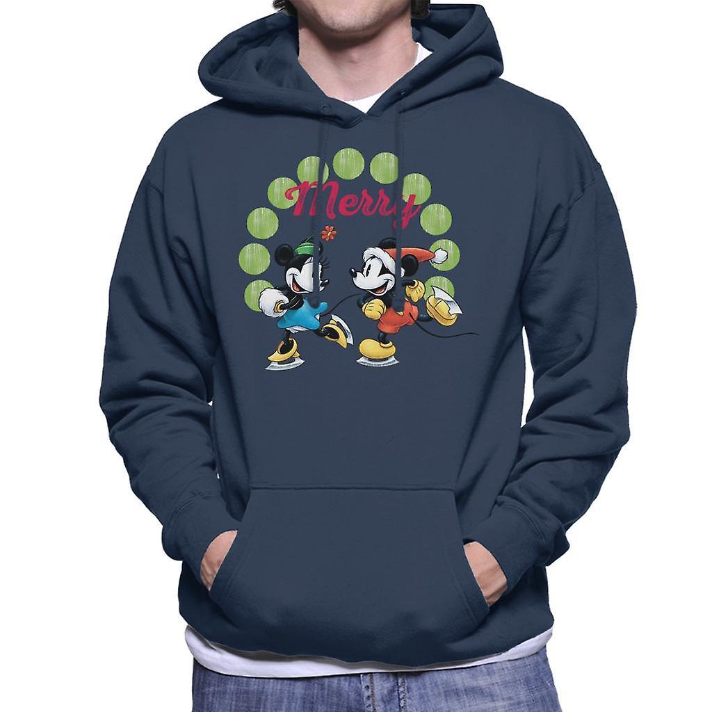 Disney Christmas Mickey And Minnie Mouse Ice Skating Men's Hooded Sweatshirt Navy Blue Large