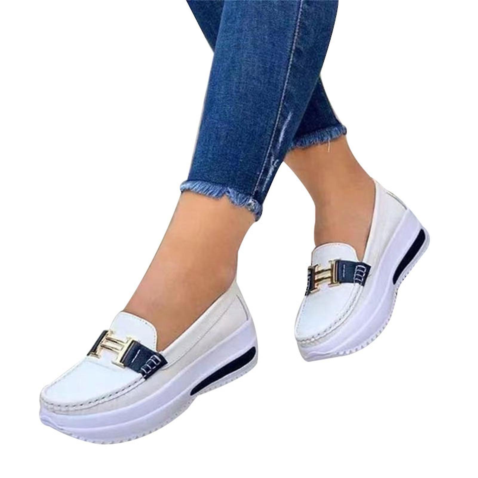 Subaoe Comfortable Platform Loafers For Women Casual Flat Pu Walking Shoes Vintage Style February3 White 38