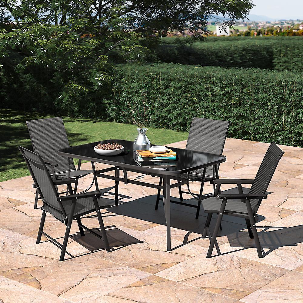 Living And Home Set of 5 Garden 150CM Rectangle Glass Umbrella Table and Folding Chairs Set