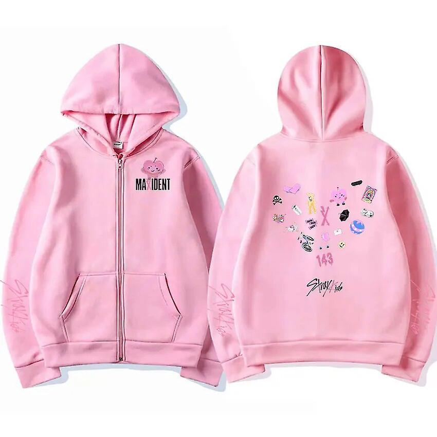 Visgaler Korean Fashion Stray Kids Maxident Zipper Hoodie Men Women's Zip Up Coat Hoodies Harajuku Kawaii Streetwear Sweatshirts Kpop Pink XXXL