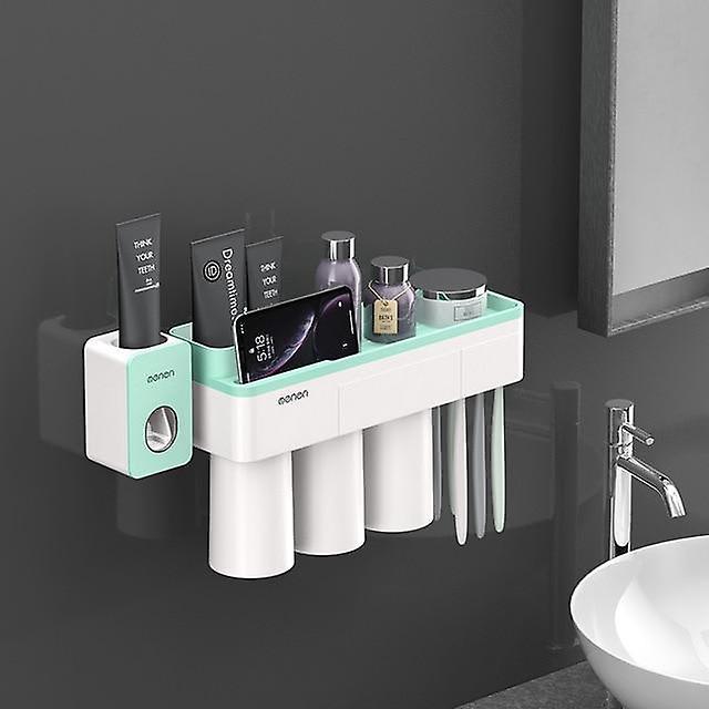 Slowmoose Magnetic Adsorption Toothbrush Holder - Wall Mount Bathroom Accessories Green 3 Cups Set