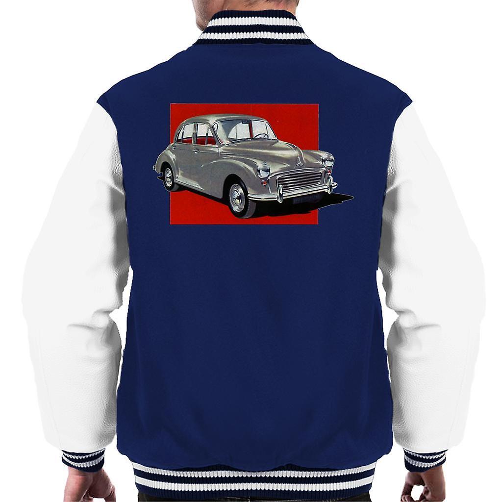 Morris Minor Red Background British Motor Heritage Men's Varsity Jacket Navy/White Medium