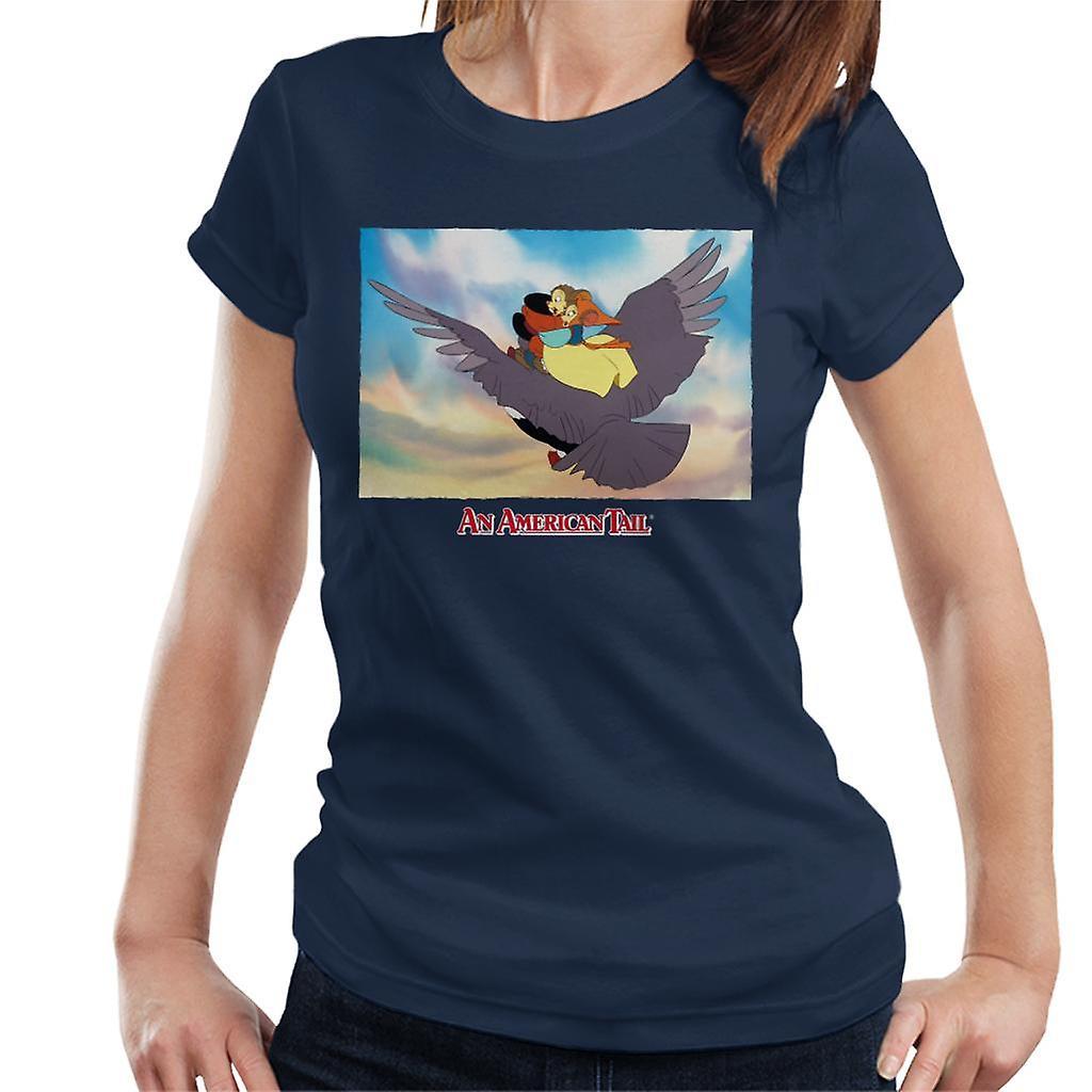 An American Tail Fieval And Tanya Flying  On Henri Le Pigeon Women's T-Shirt Navy Blue X-Large