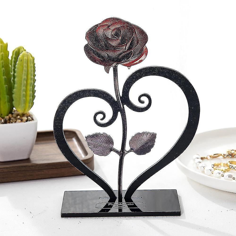 Iron Rose Stand Gift Hand-forged Wrought Iron Red Metal Rose With Heart - Shaped Stand