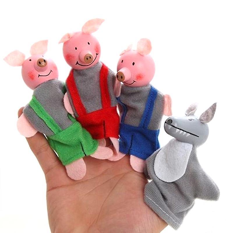 Unbrand 4 Pcs/set Three Little Pigs Finger Puppets Wooden Headed Baby Educational Toy Multicolor 1set