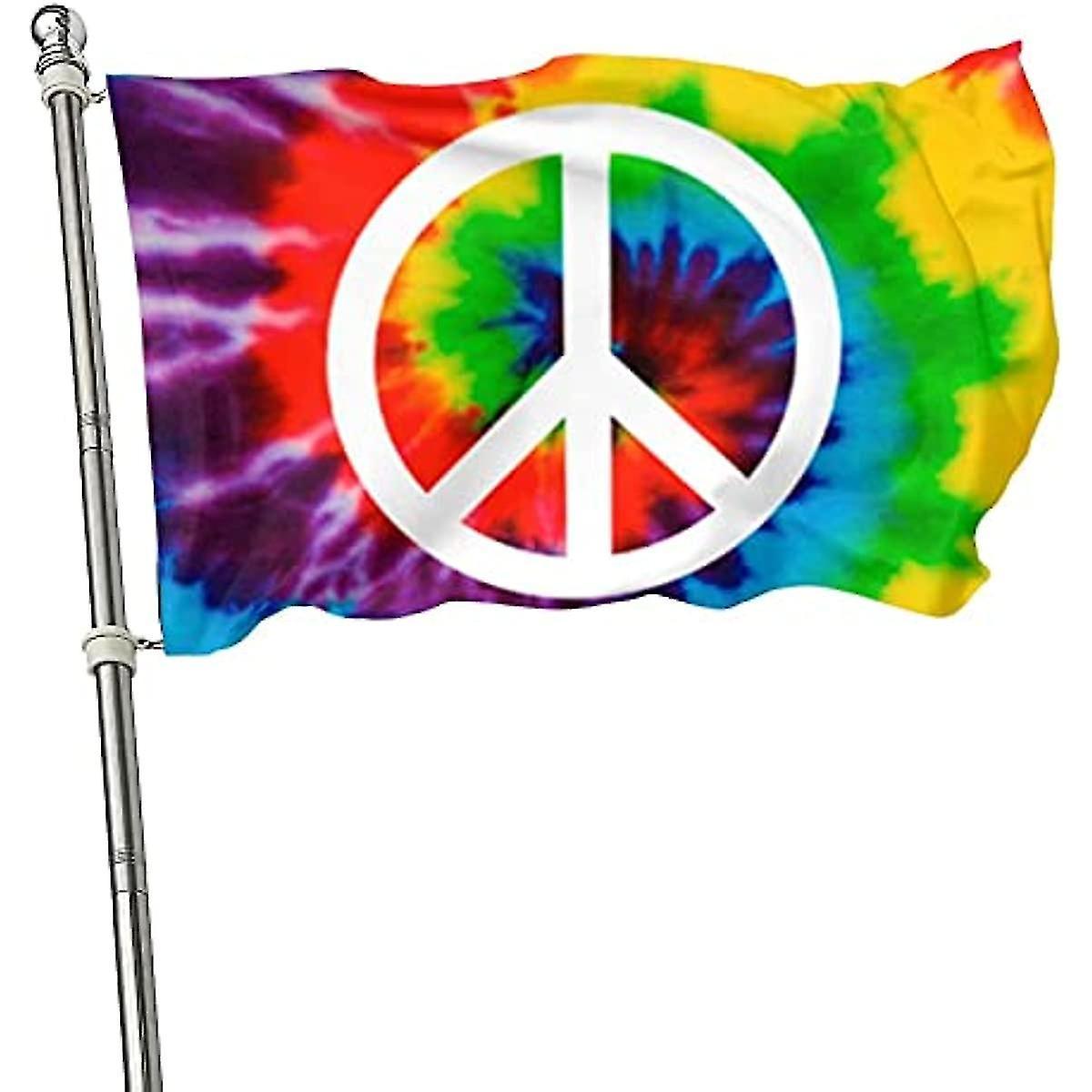 Banmo Tie Dye Peace Flag 3x5 Ft Rainbow Hippie Flags For Outdoors Decorative Double Printed World Peace Sign Symbol Banner Flag 90 x 150cm