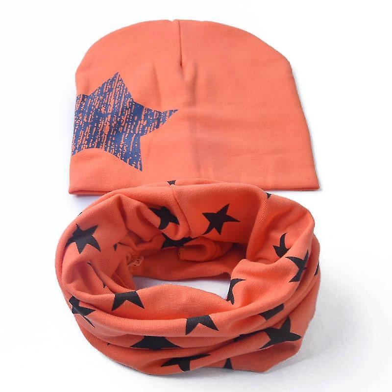 Slowmoose Winter Spring Baby Hat Scarf Set- Cotton Baby Cap Star Print Kids Hats, Newborn big star orange