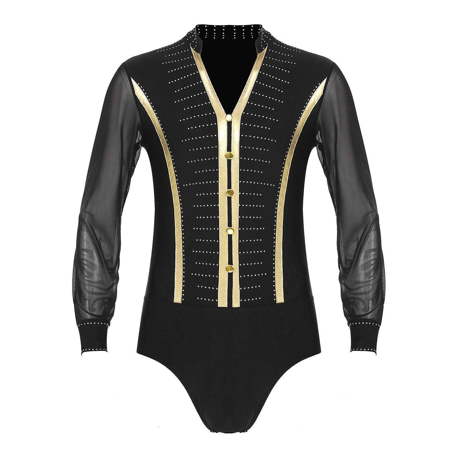 Aionyaaa Mens Ballroom Samba Latin Dance Costume Shiny Rhinestones Bodysuit Sheer Mesh Long Sleeve Dancing Jumpsuits Skating Leotard S Black