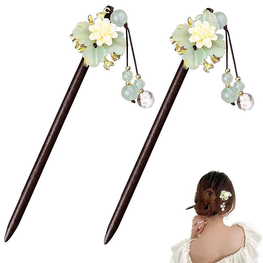 Chris 2pcs Japanese retro flower and wood hair stick glass glazed flower Chinese hairpin ethnic hair stick, wooden handmade gift