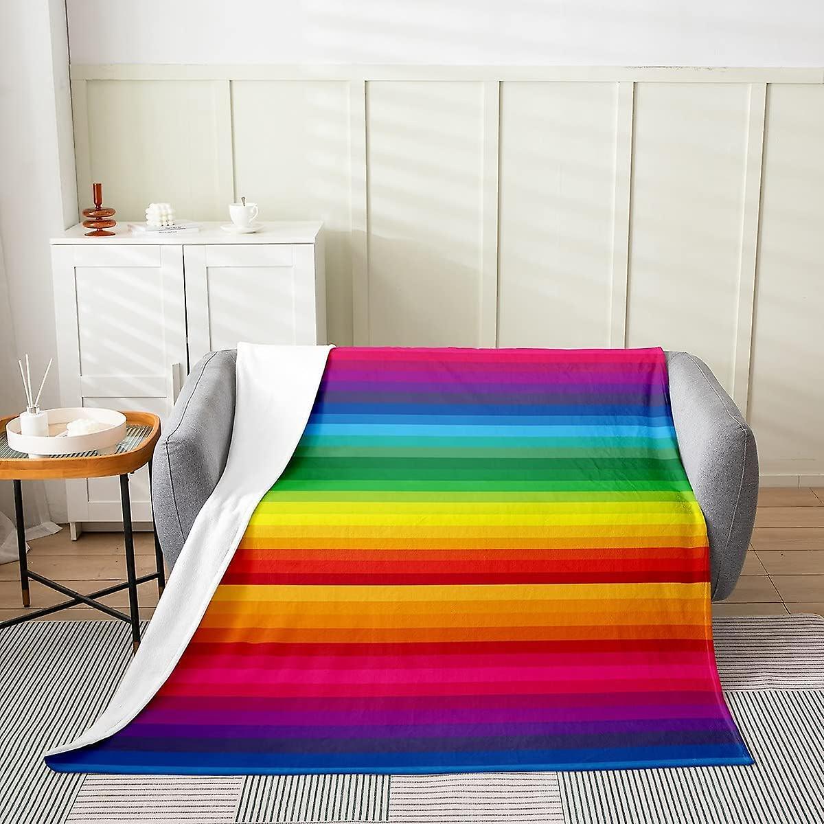 Kerota Rainbow Stripe Fleece Throw Blanket Kids ,Colorful Fuzzy Blanket For Bed Sofa ,All Season Multicolor Bed Blanket Breathable Plush Blanket Do..