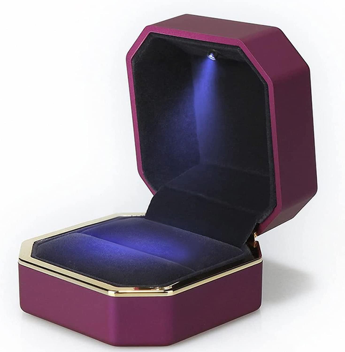 Szczw Luxury Square Velvet Ring Box With Led Light For Marriage Proposal, Engagement, Wedding, Purple