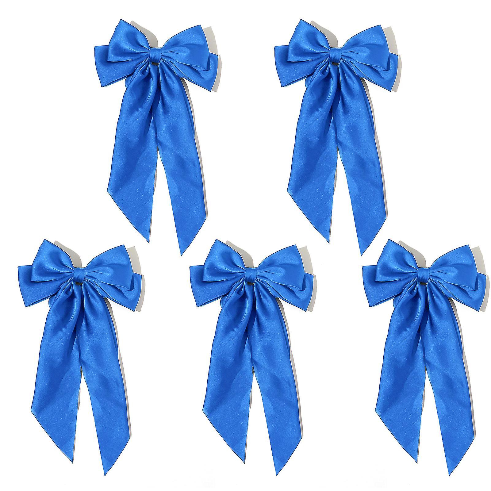 Tuelaly 5Pcs Satin Bow Hair Barrettes Girl Long Ribbon Large Bowknot Decor Hair Clip Wedding Prom Party Hair Accessories Blue