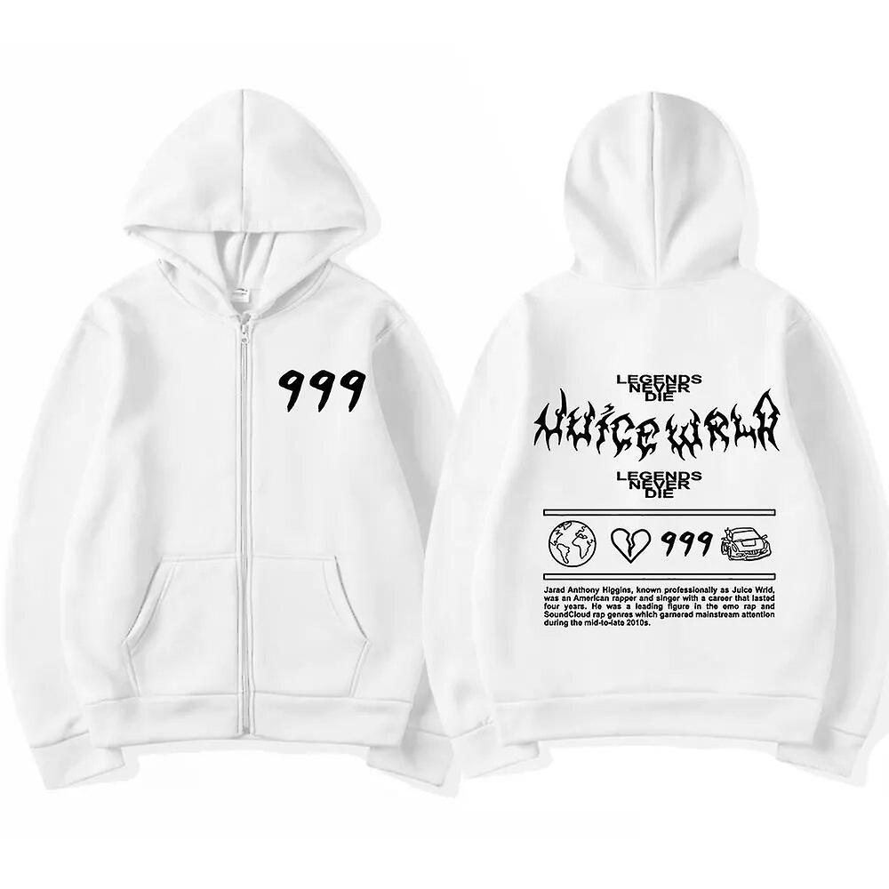 Eccpp Rapper Juice Wrld 999 Retro Zip Up Hoodies Men Women Fashion Hip Hop Pullovers Zipper Sweatshirt Casual Jacket Hooded Streetwear White L