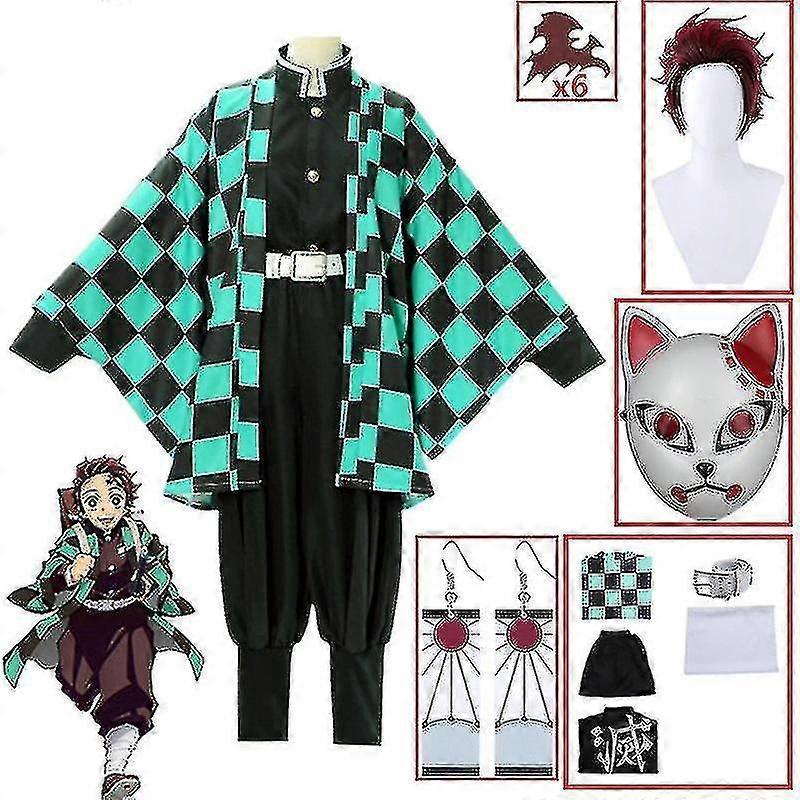 Lequeen Demon Slayer Kimetsu No Yaiba Tanjirou Kamado Cosplay Costume Kimono Christmas Anime Uniform Set For Adult Kids 9 piece set XL