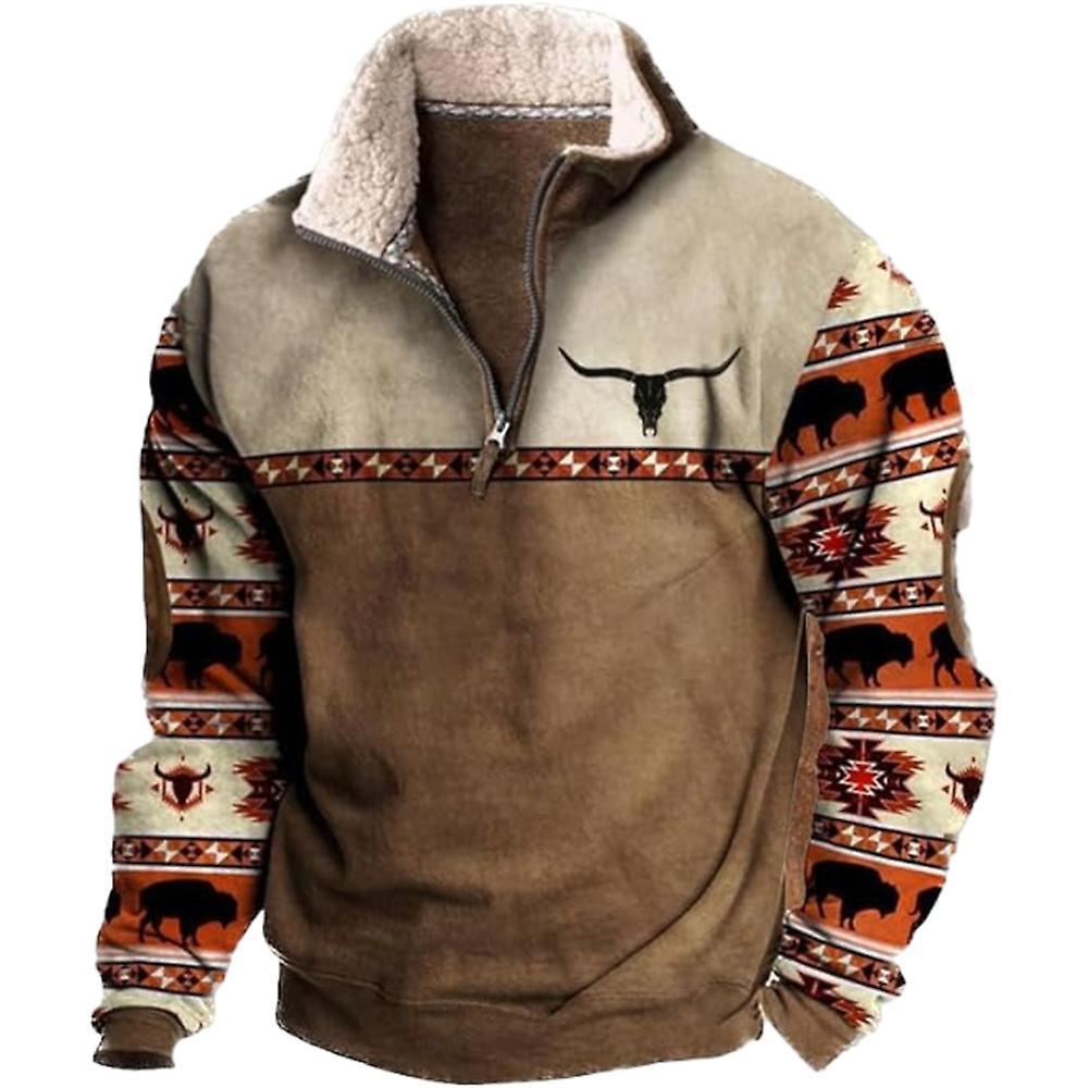 Jielin Men's Western Fleece Jacket Cowboy Bull Head Print Pullover 1/4 Zip Stand Collar Sweatshirts A2 XL