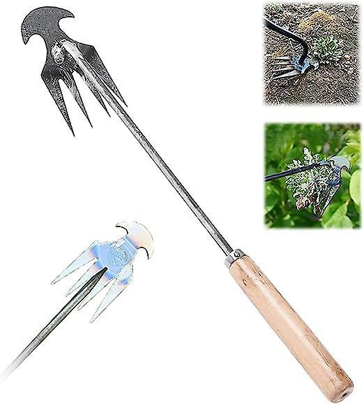 Frusde Weeding Artifact Uprooting Weeding Tool, Garden Weeding Tools, Manganese Steel Forged Weed Puller 4 Teeth Purpose Weeder Wooden Handle 30cm