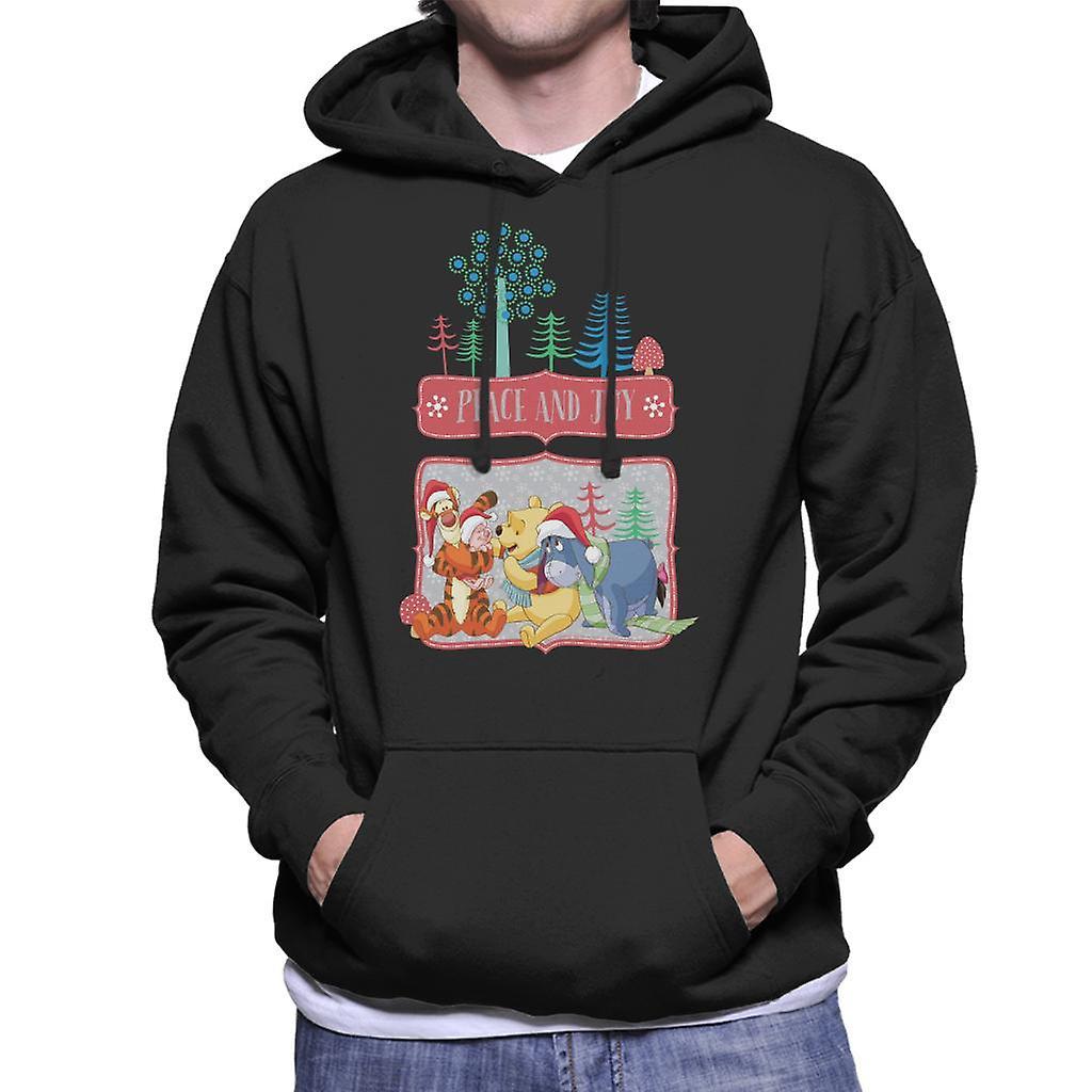 Disney Christmas Winnie The Pooh Peace And Joy Men's Hooded Sweatshirt Black Medium