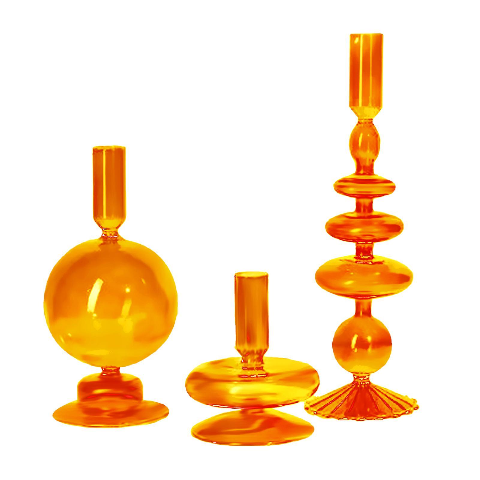 Favrison Glass Candlestick Holders Glass Taper Candle Holders 3pcs Vintage Candle Holder Colorful Glass Candle Holders For Home Decor Orange