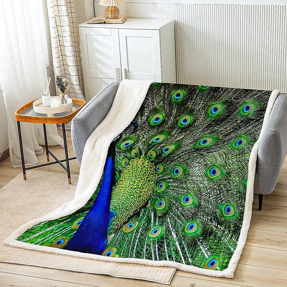 Kerota Peacock Sherpa Blanket Green Cute Animal Fleece Throw Blanket for Kids Boys Girls Peacock Feather Fuzzy Blanket for Sofa Bed Couch Luxury Cu...