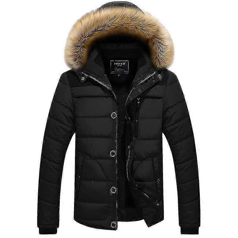 Tikuajgift Men Faux Fur Hooded Coat Padded Quilted Puffer Bubble Jacket Black 3XL