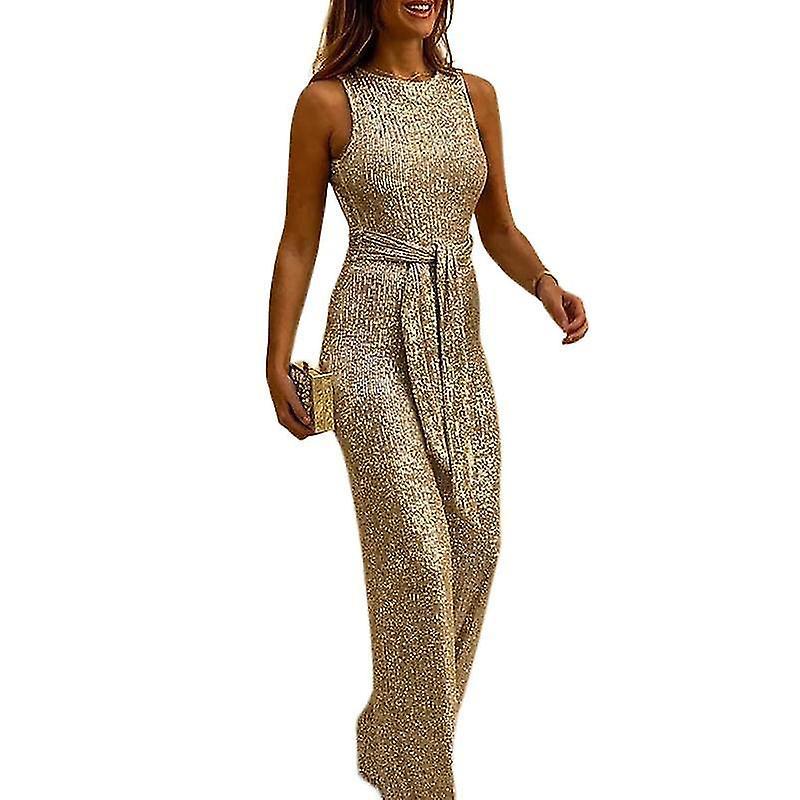 Bebetter Women's Sparkly Jumpsuits - Elegant Sleeveless Onesie With Long Pants And Belt GOLD