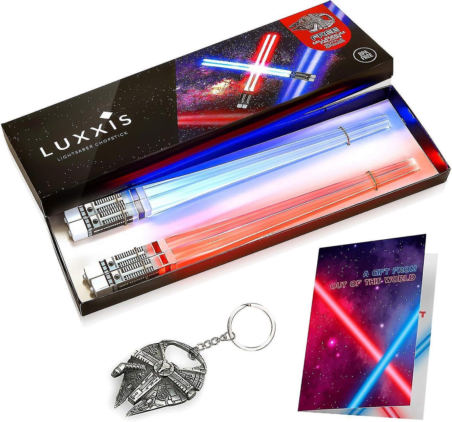 Otwoo Lightsaber Chopsticks Light Up Glowing Chop Sticks For Star Wars Gifts Set Theme Party Fun [2 Pair Red And Blue Set] With Bottle Opener And G...