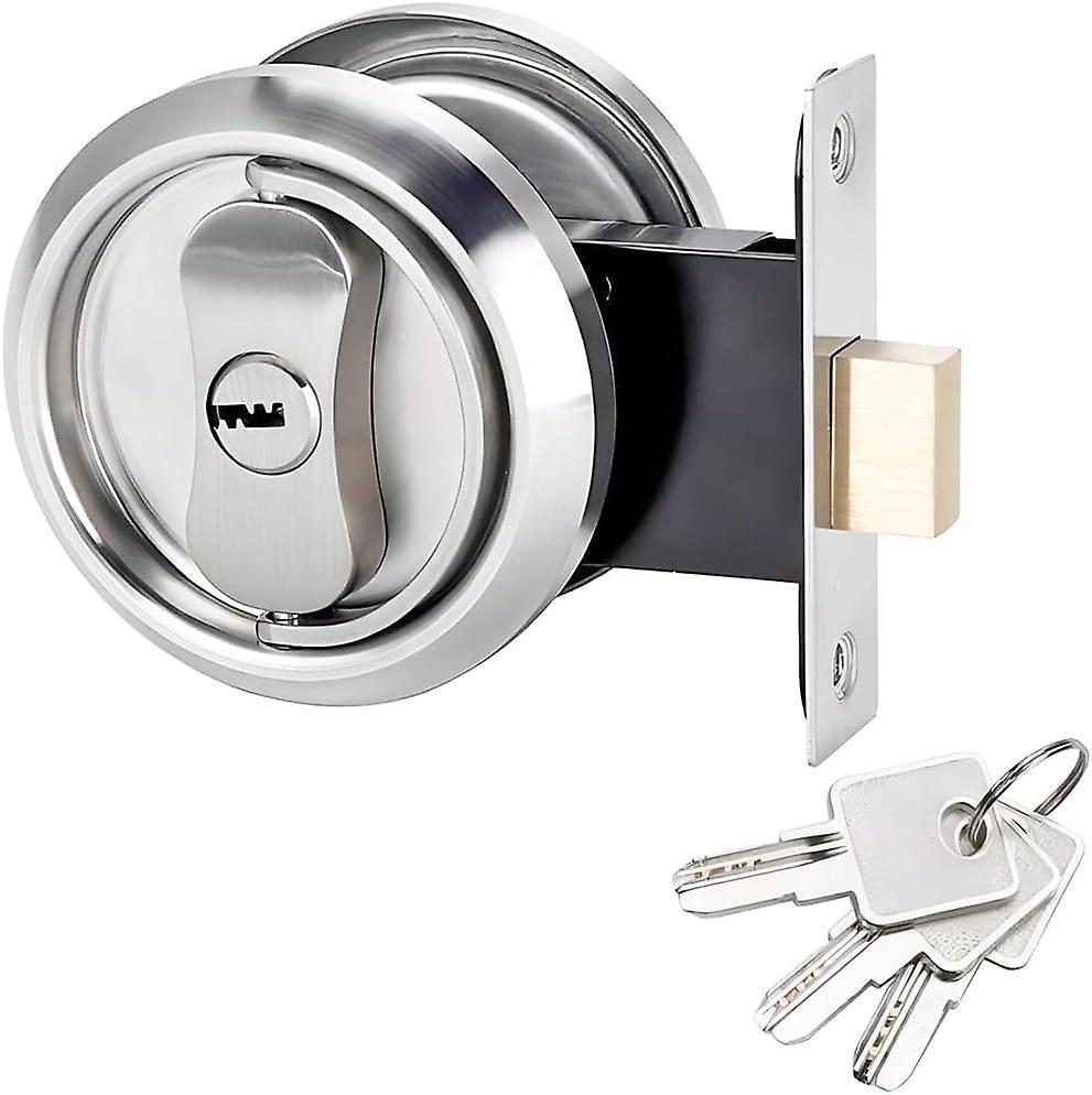 Shindat Round Pocket Door Lock, Recessed Handle Latch, Invisible Recessed Door Handle With Key, Deadbolt Lock For Sliding Door