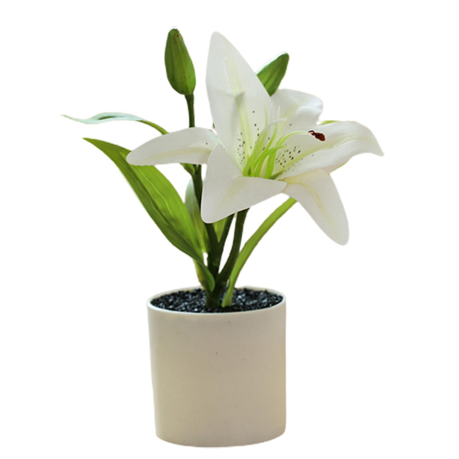 Kripyery Fake Flower Pot Simulated Easy Care Plastic Realistic Lily Bonsai Artificial Plant Decor for Home White