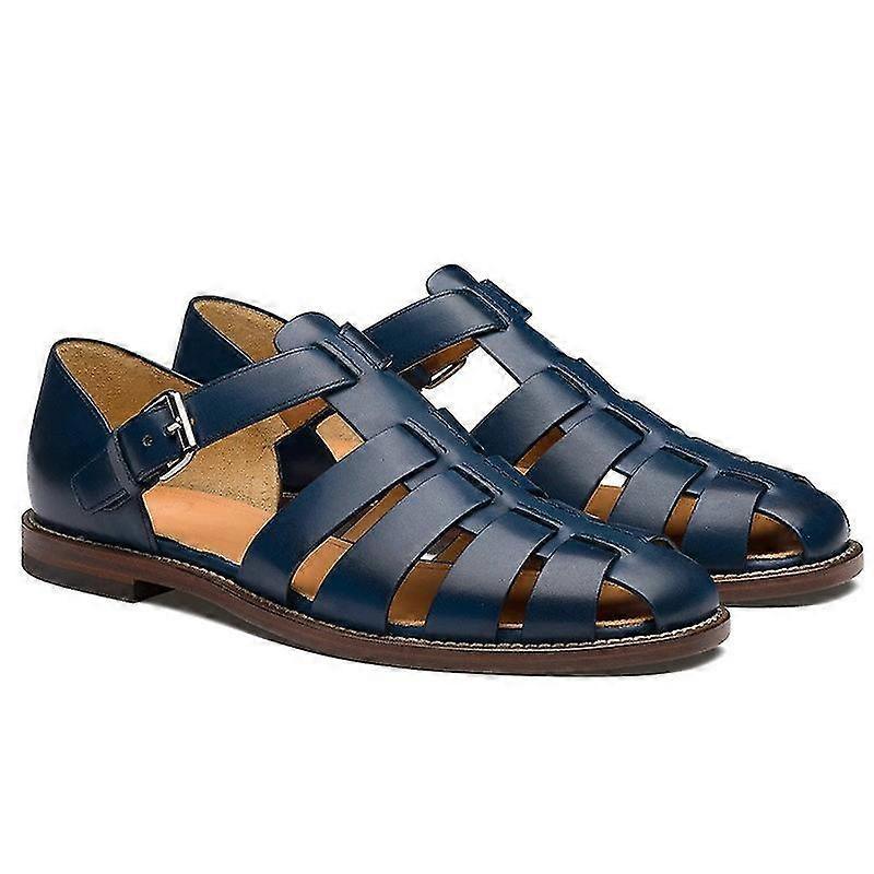 Men's Sport Sandals Closed Toe Outdoor Handmade Leather Sandal -ZHENV Blue 43