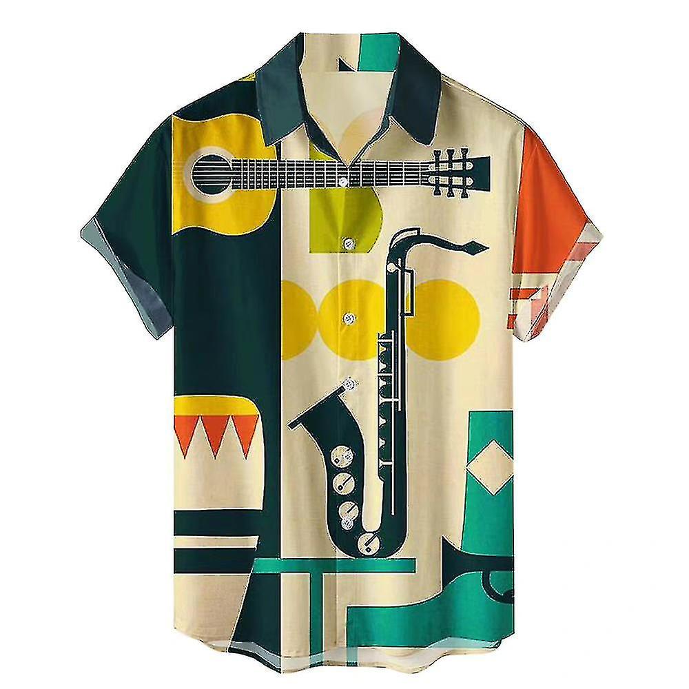 Set Sail Men"s Retro Button Down Bowling Shirts Tee 50s Rockabilly Style Summer Hawaiian Tops Cuban Camp T-shirt Coffee Music 2XL