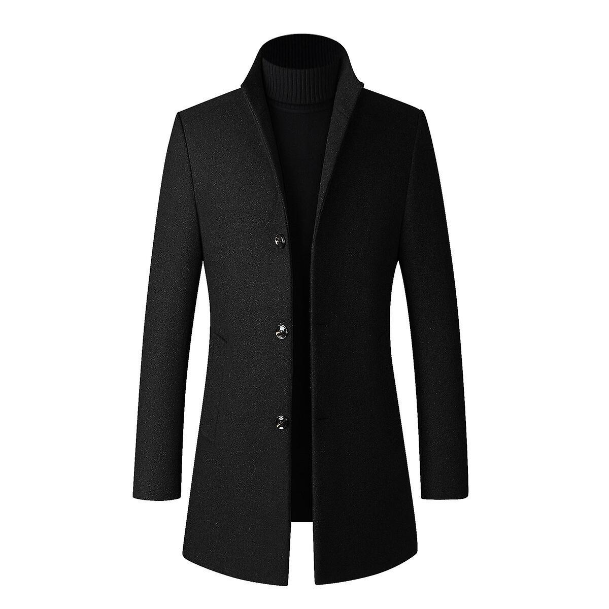 YOUTHUP Mens Coats Winter Casual Stand Collar Short Wool Thick Peacoat Black L