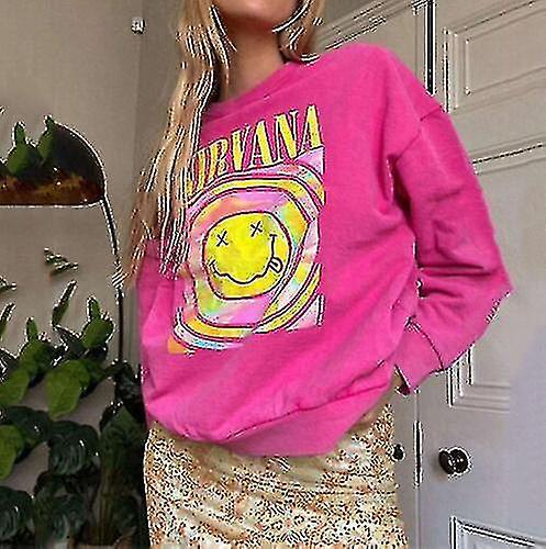 Santic Nirvana Smiley Face Crewneck Sweatshirt Heliconia Color Nirvana Sweatshirt Gift Pink S