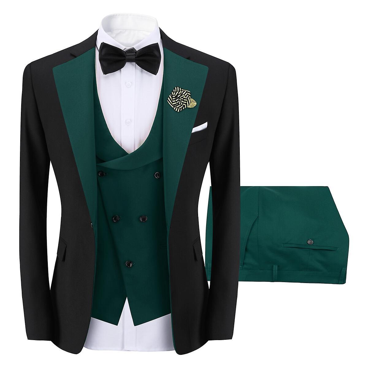 Sliktaa Mens 3 Piece ColorBlock Suits Dress Wedding Party Blazer and Waistcoat and Pants Green 2XL