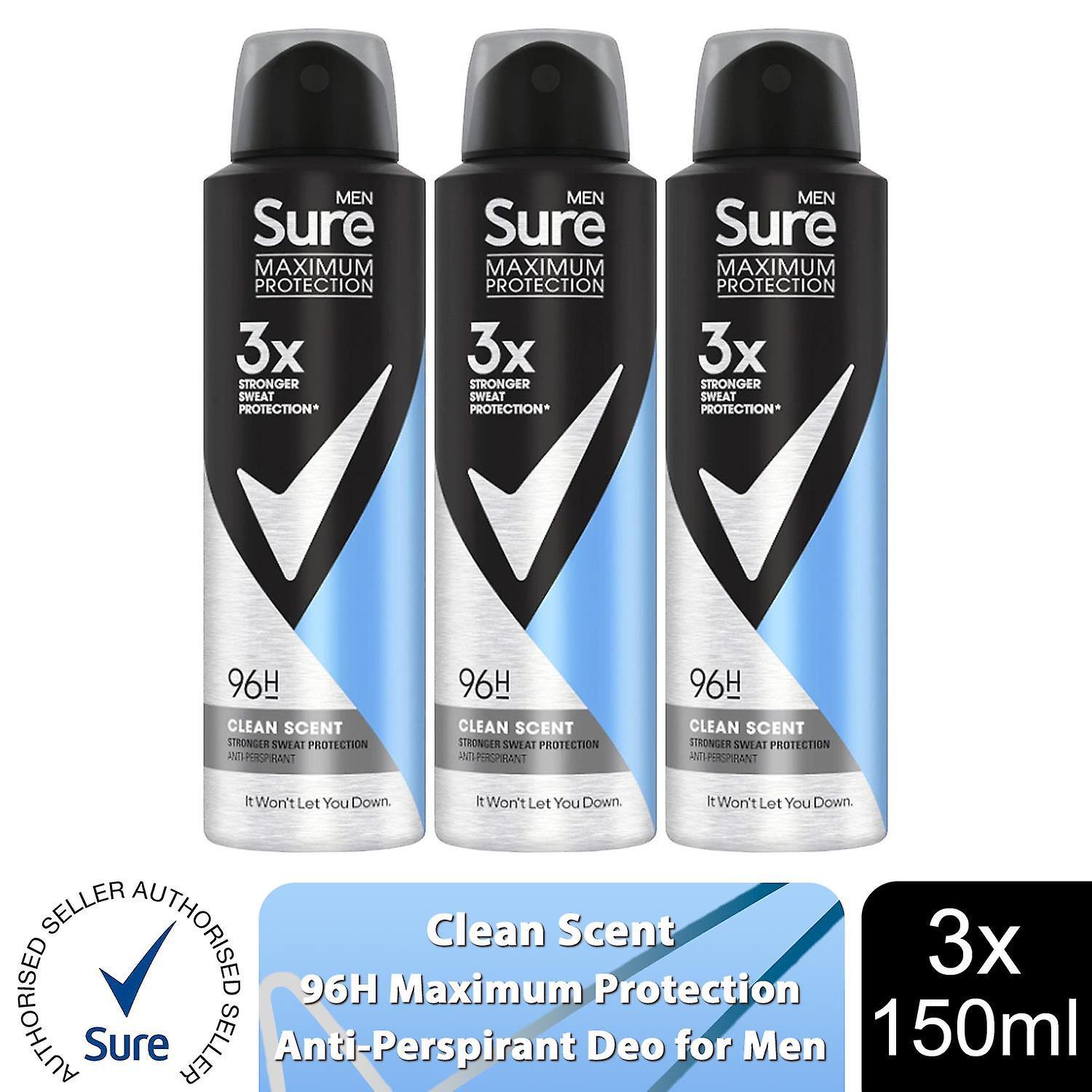 Sure Men Maximum Protection 96H Anti-Perspirant Deodorant Clean Scent 150ml, 3pk