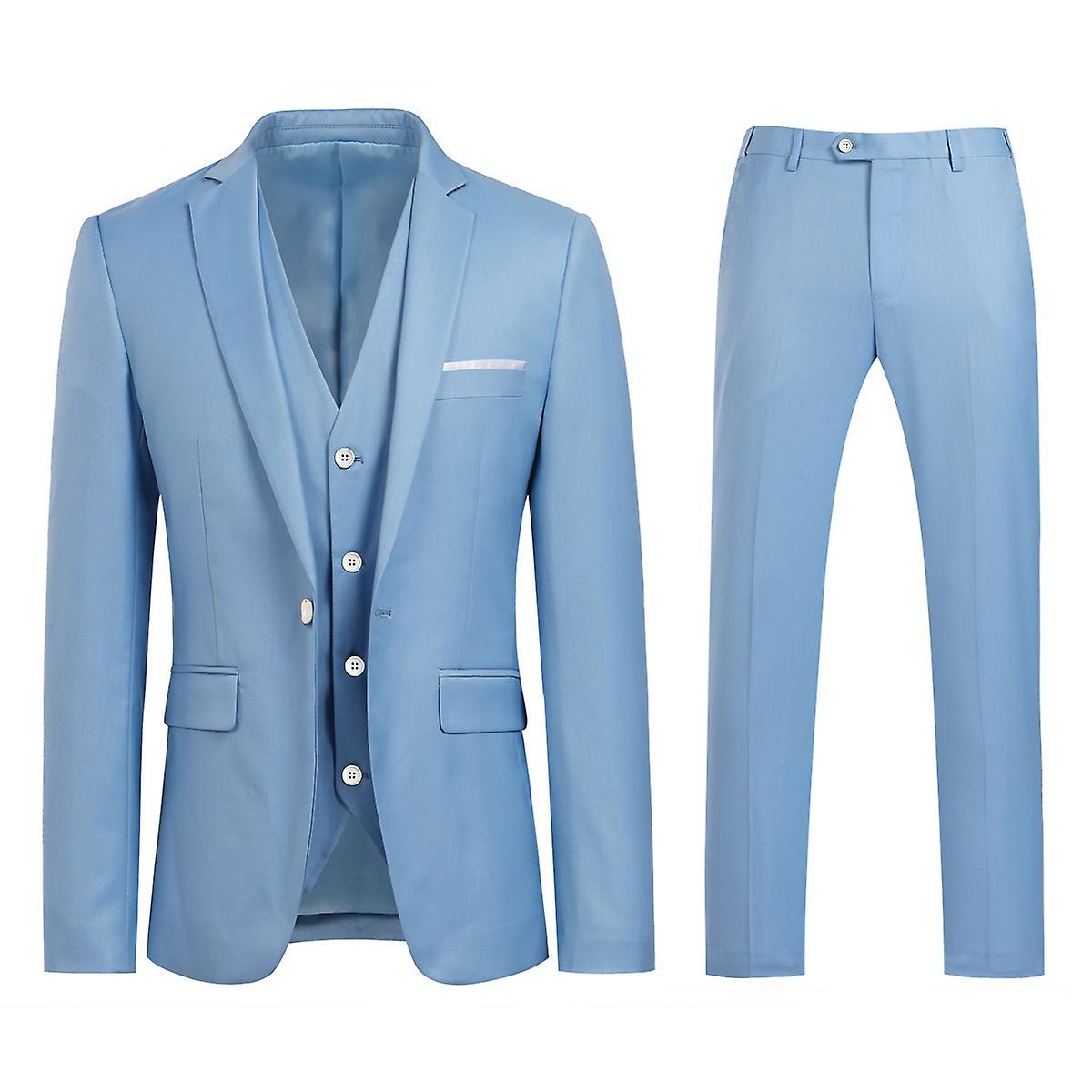 Allthemen Mens Suit 3-Piece Business Casual Solid Slim Suit Blazer Pants Vest 9 Colors Light Blue M