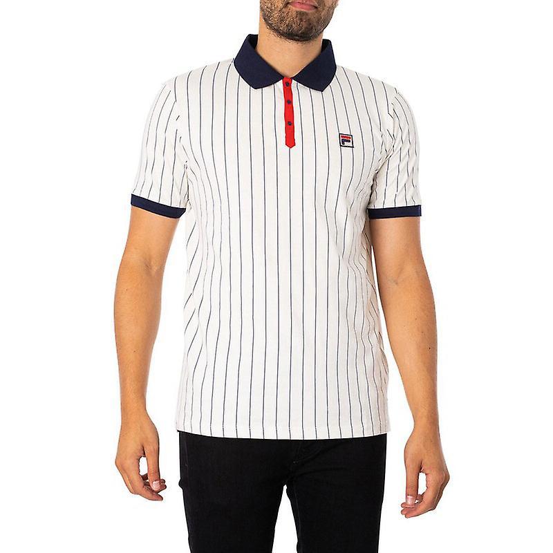 FILA Mens Polo Shirt Short Sleeve Vintage Striped Summer Cotton Sports Golf Tee White S