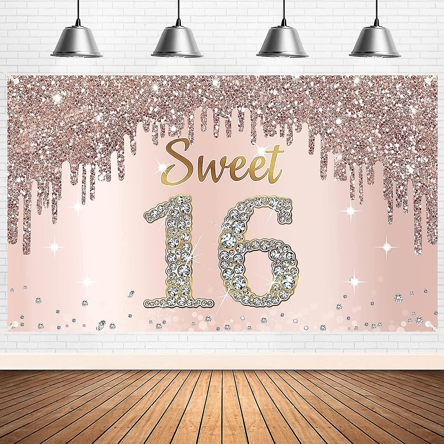 Conly Happy Sweet 16th Birthday Banner Backdrop Decorations For Girls, Rose Gold Sweet 16 Birthday Party Sign Supplies, Pink Sweet Sixteen Birthday...