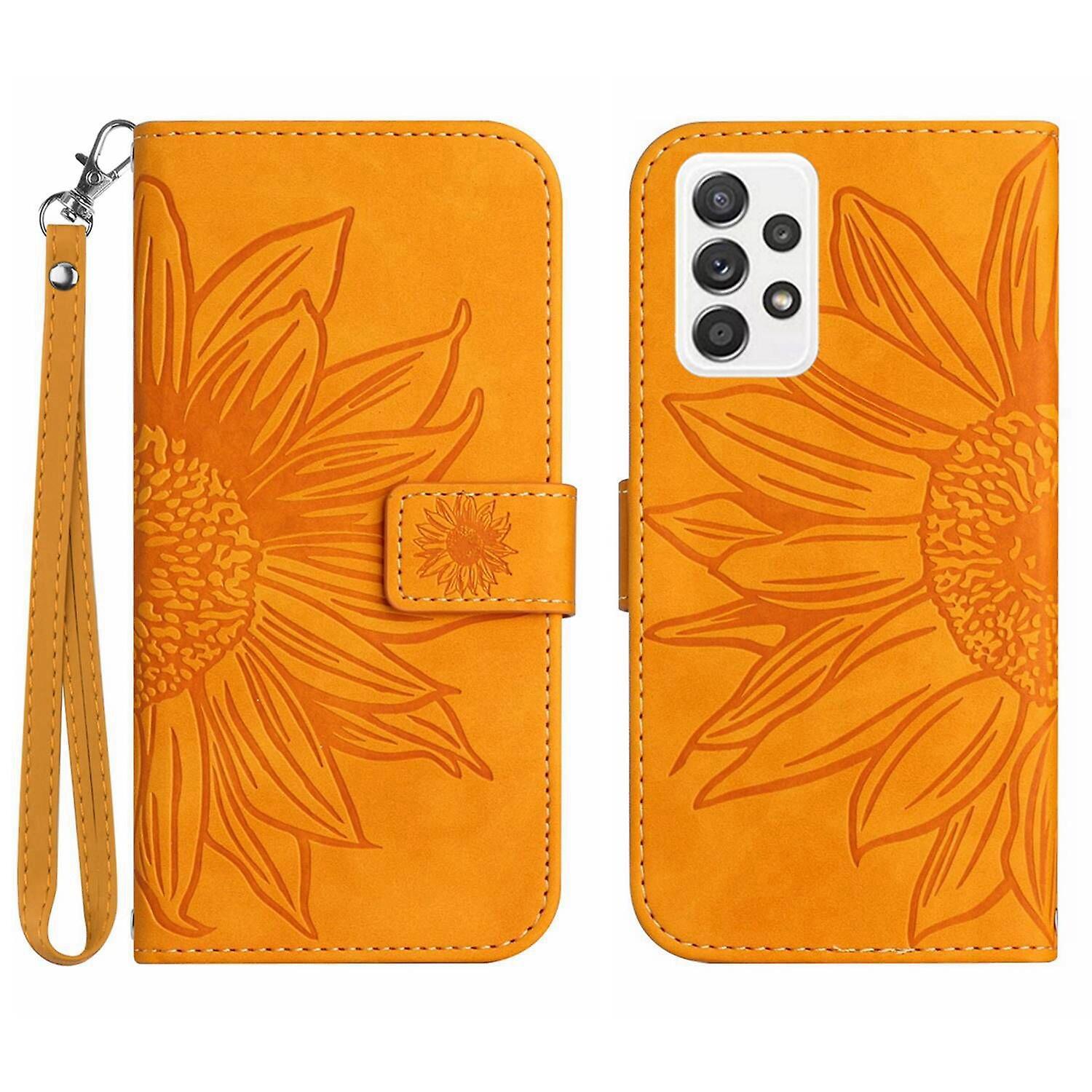 Foxdock FLOODKING Compatible With Samsung Galaxy A23 Embossed Sunflower Magnetic Card Holder Wallet Phone Case with Short Strap Yellow