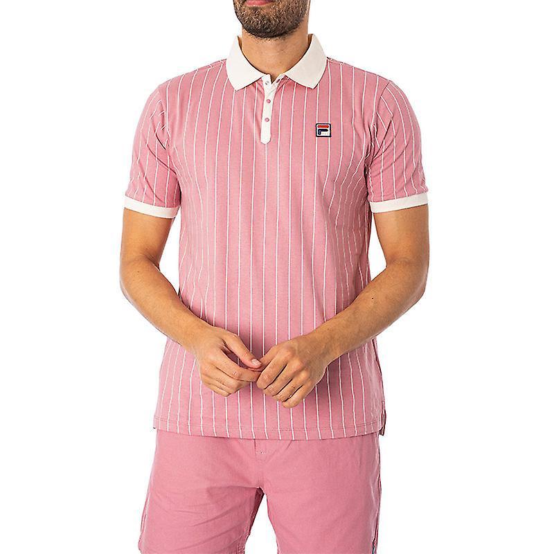 FILA Mens Polo Shirt Short Sleeve Vintage Striped Summer Cotton Sports Golf Tee Pink L